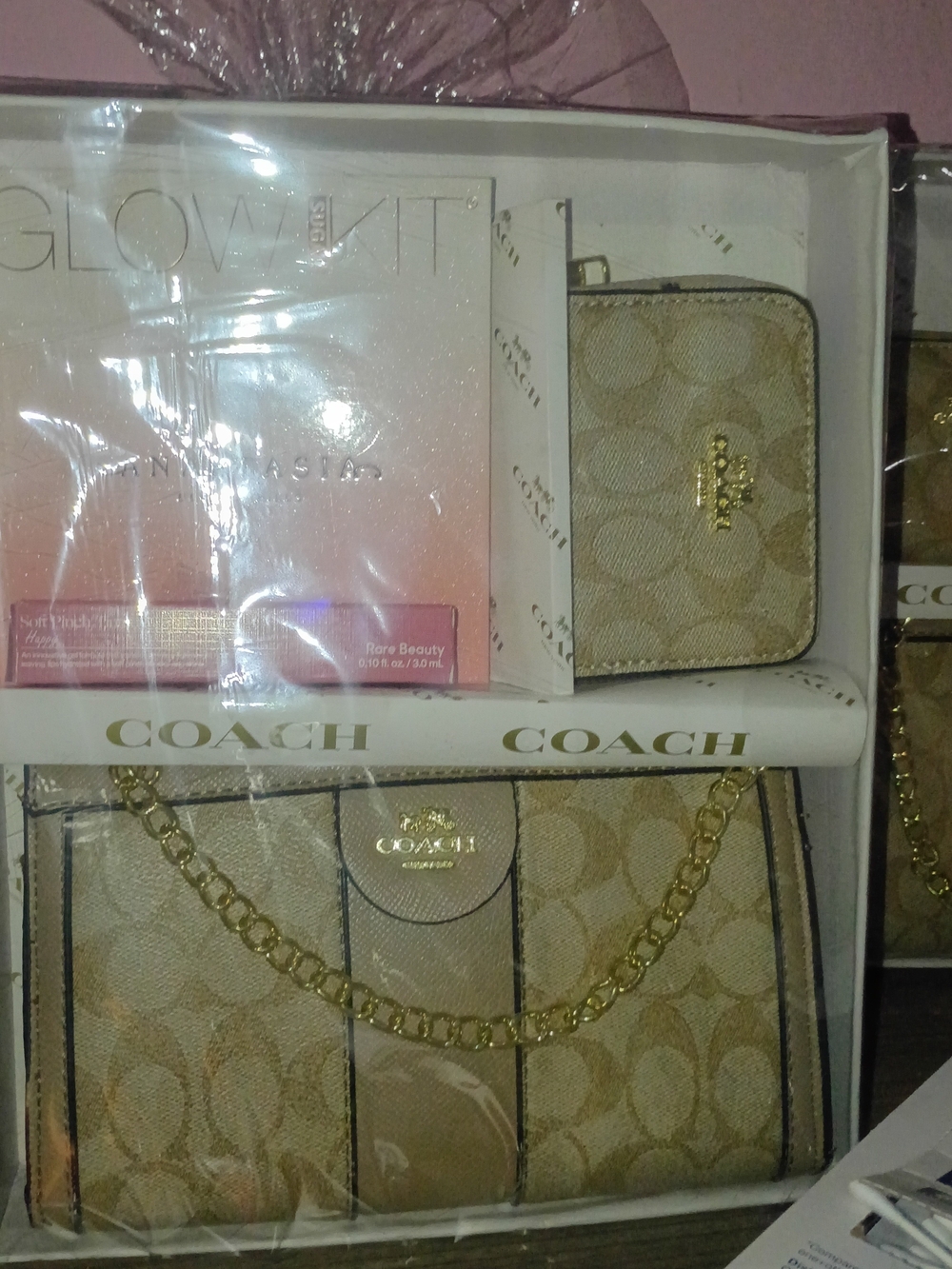Coach Tan Signature Canvas Shoulder Bag with Gold Chain and Matching Zip Wallet